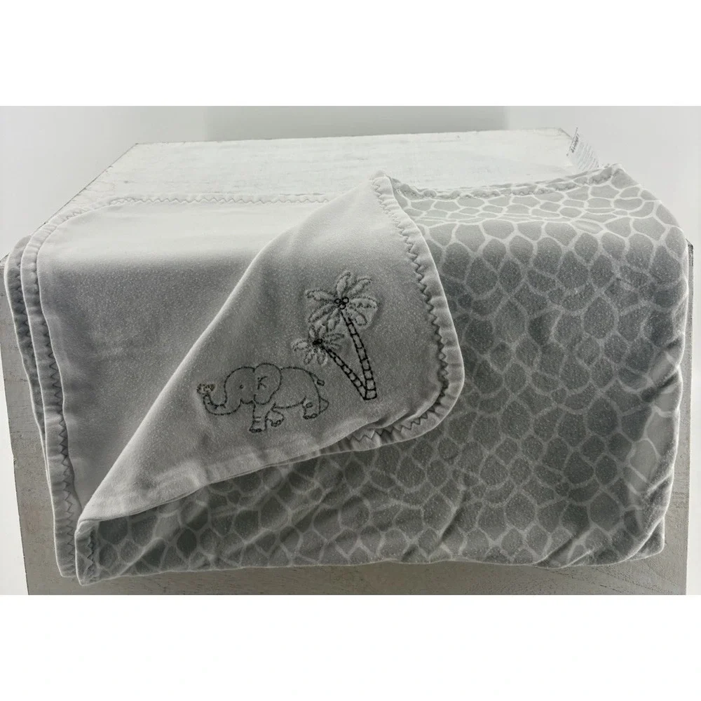 Just Born Animal Kingdom Reversible Baby Blanket Gray White Elephant Embroidery